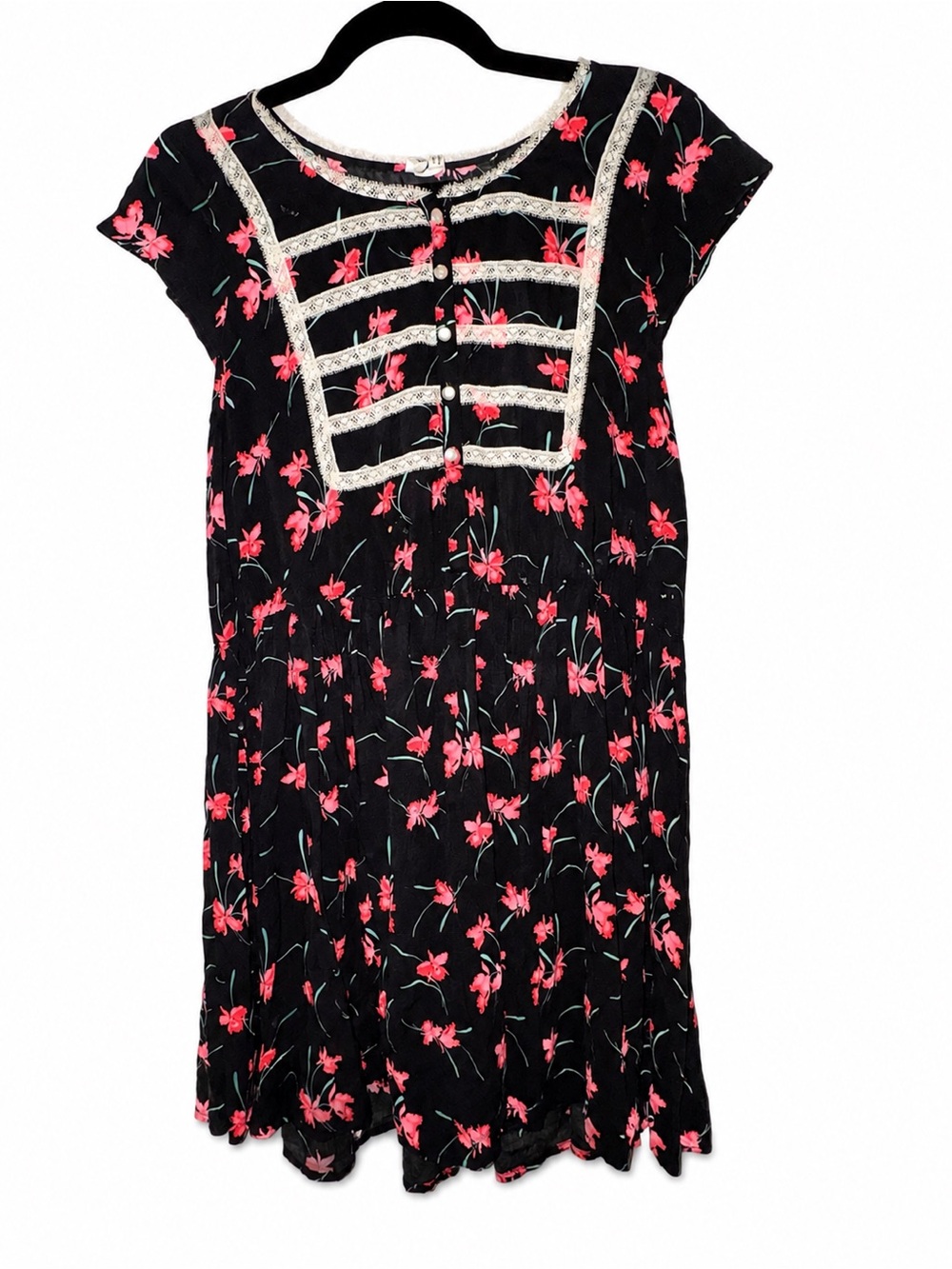 Free People Floral Lace Trim Dress Size 6 Black Pink Boho Cottagecore